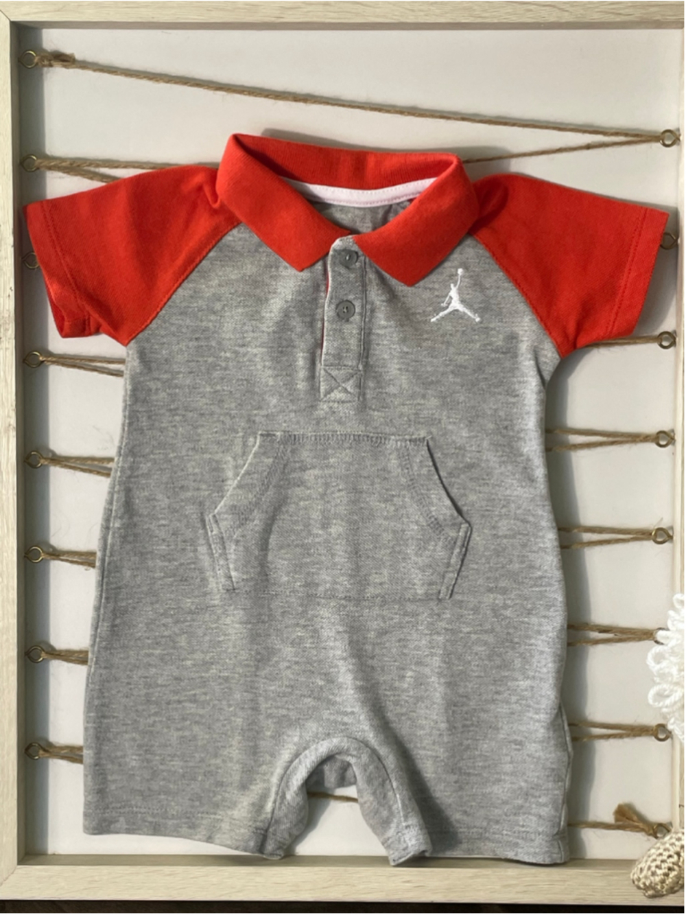 Nike Air Jordan Baby Boy Grey/Orange Short Sleeve Jumpman Polo Romper 6-9 Months